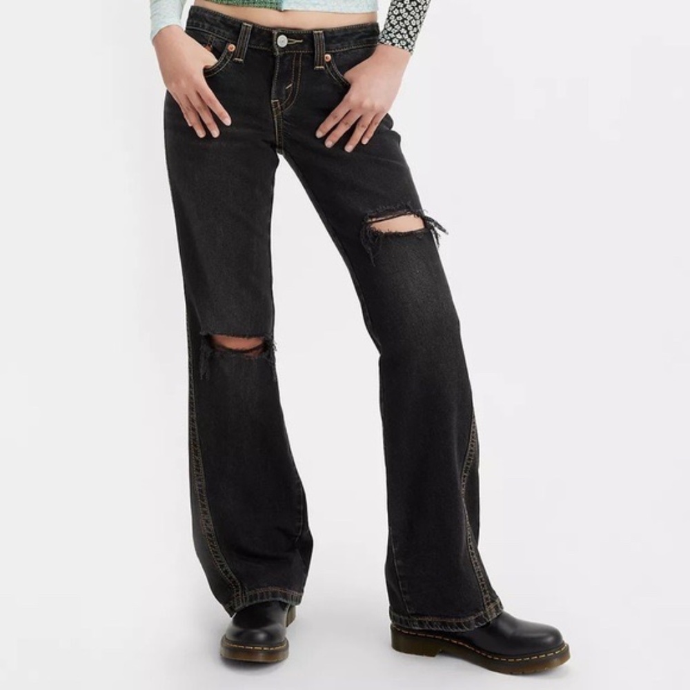 Levi's Noughties Low Rise Bootcut Jeans Women 33X30 Black Ripped Flap Pocket